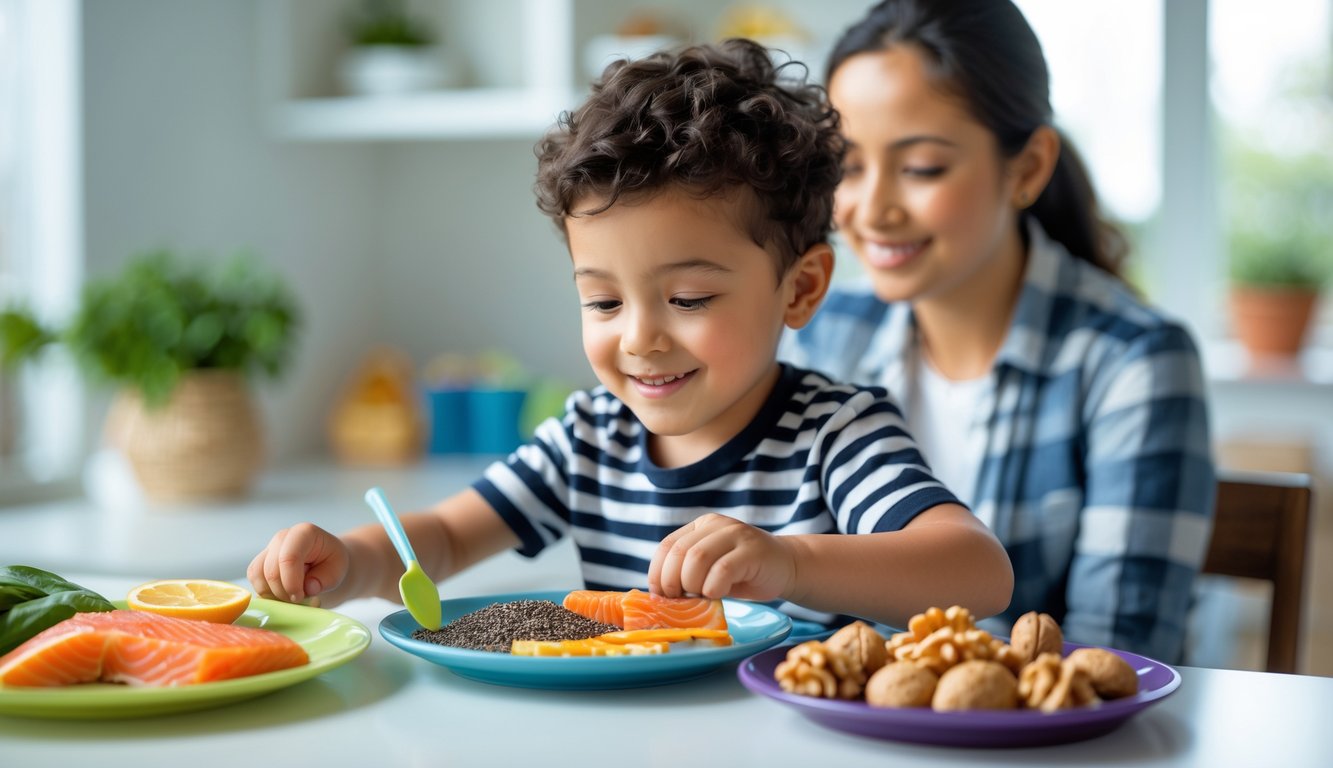Seorang anak kecil duduk di meja dengan makanan kaya Omega 3 dan sedang membaca buku, ditemani orang dewasa yang tersenyum hangat.