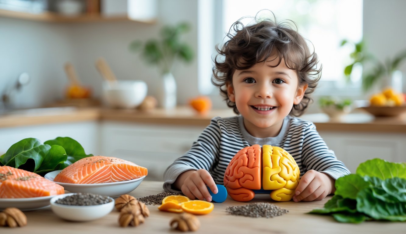 Seorang anak kecil tersenyum duduk di meja dengan makanan sehat kaya Omega 3 di sekitarnya dan memegang mainan berbentuk otak.