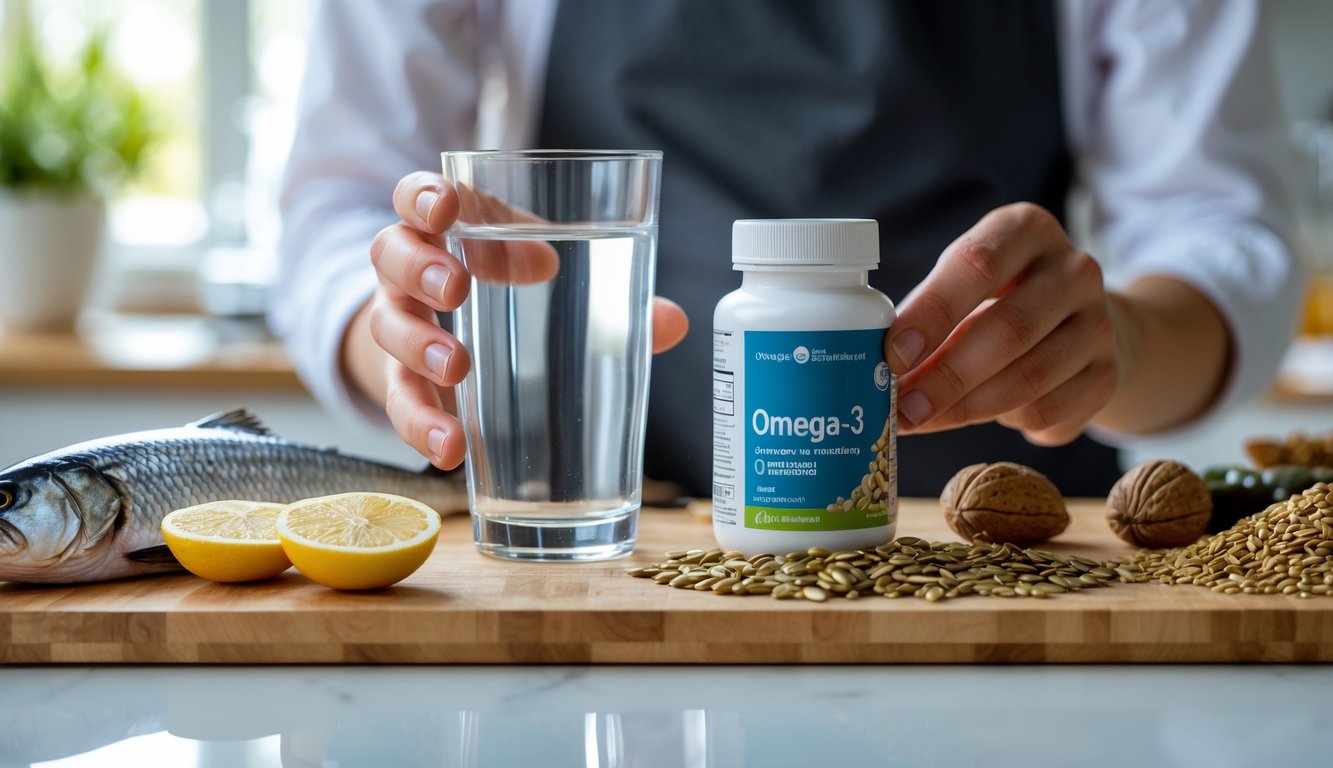 Seseorang memegang segelas air dan botol kapsul Omega 3 dengan latar dapur yang terang dan bahan makanan sumber Omega 3 di atas meja.