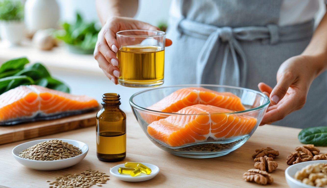 Meja dapur dengan salmon, biji rami, kapsul minyak ikan, dan sayuran segar yang menunjukkan manfaat kesehatan Omega 3.
