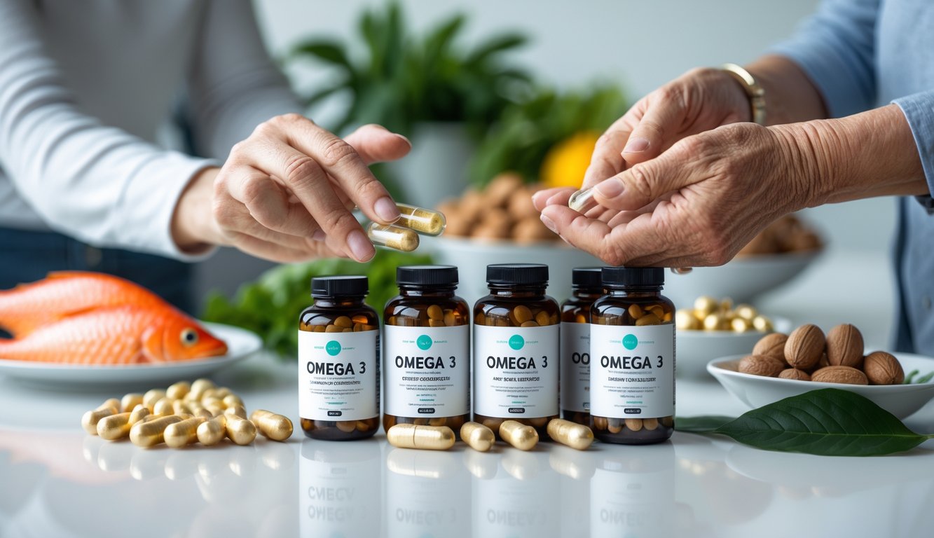Beberapa botol suplemen Omega 3 dengan kapsul di atas meja putih, dengan tangan dewasa dan lansia yang sedang mengambil suplemen.