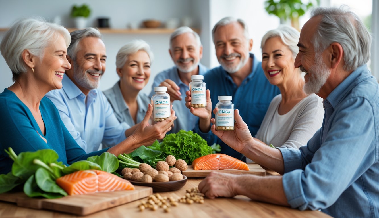 Sekelompok orang dewasa dan lansia yang sehat sedang memegang botol suplemen Omega 3 dengan makanan sehat di meja.