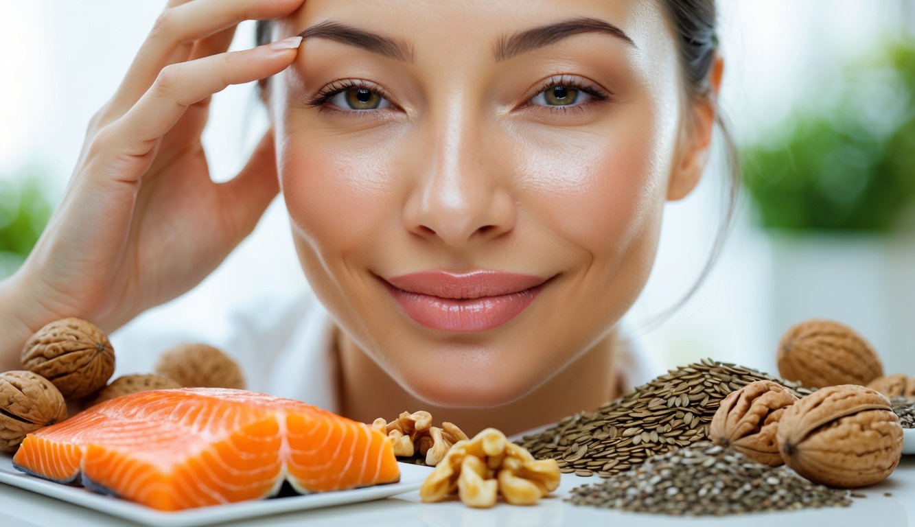 Seorang wanita dewasa dengan kulit bercahaya tersenyum sambil menyentuh wajahnya, dikelilingi oleh ikan salmon, kenari, biji rami, dan biji chia di atas permukaan putih.