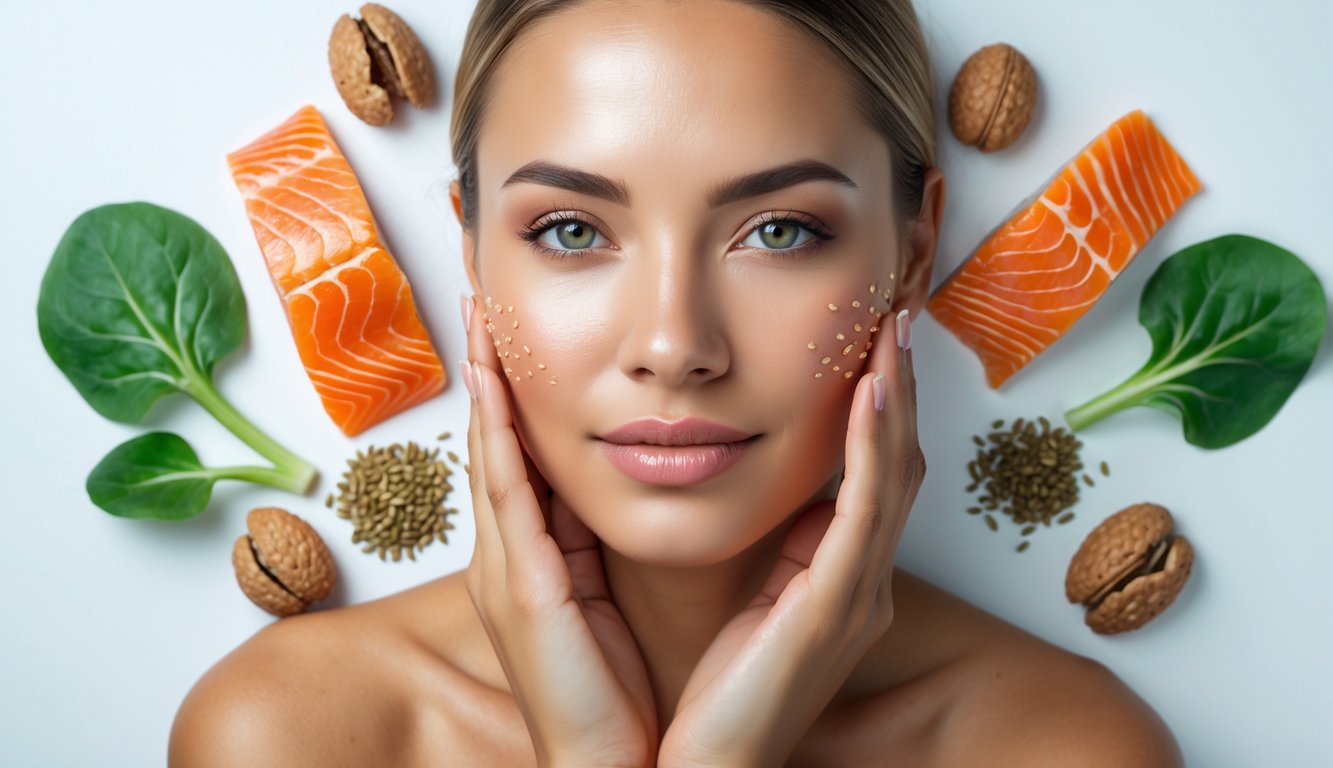 Seorang wanita dengan kulit sehat dan bercahaya menyentuh wajahnya, dikelilingi oleh makanan sumber Omega 3 seperti salmon, kenari, biji rami, dan sayuran hijau.