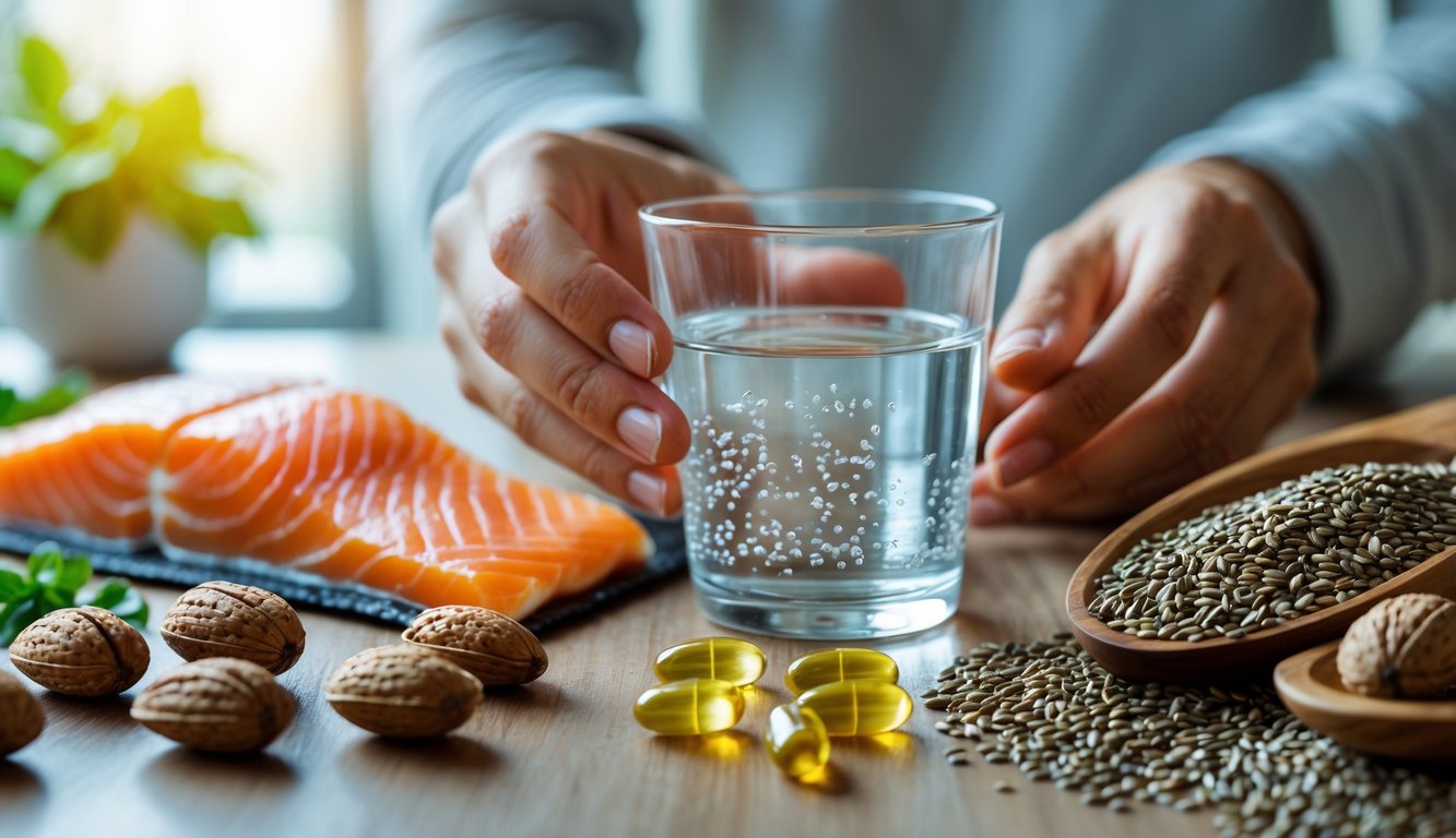 Tangan memegang segelas air dan kapsul Omega 3 dengan salmon, kacang, dan biji-bijian di atas meja kayu.