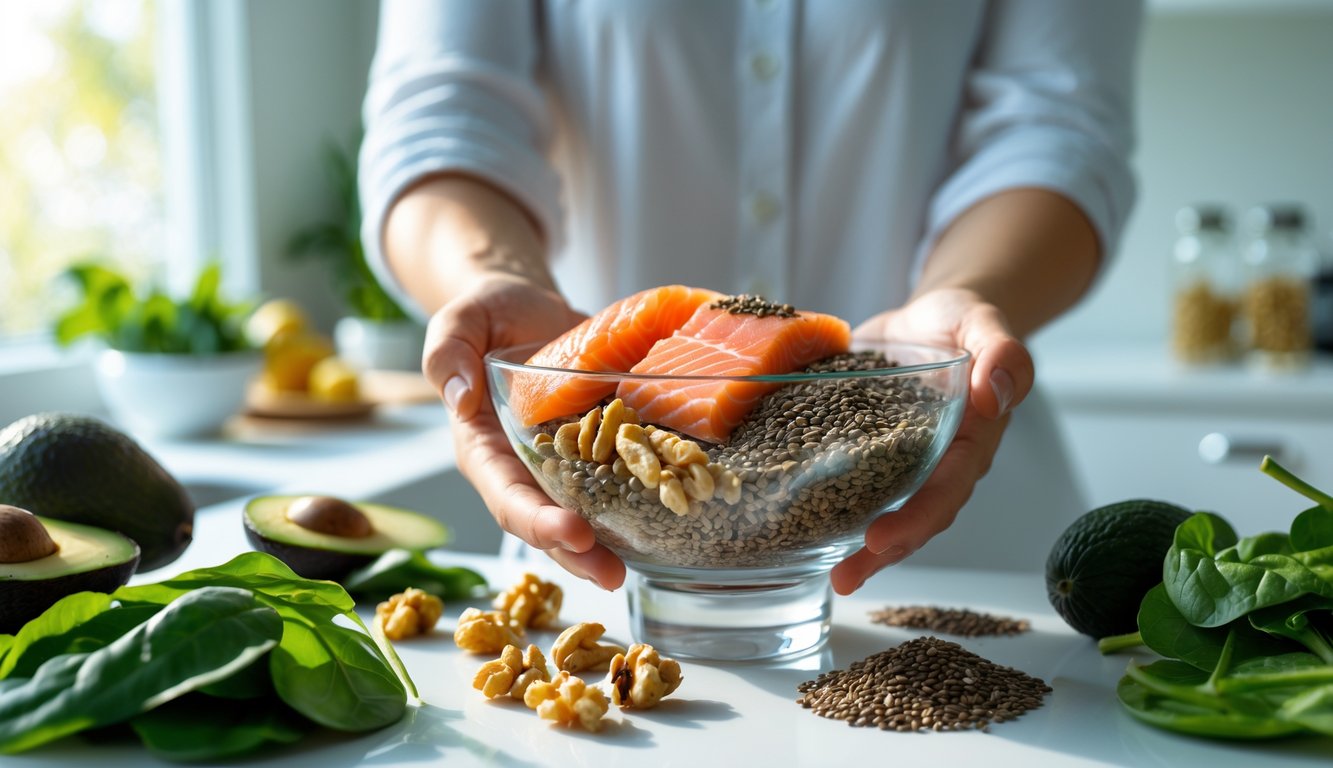 Tangan memegang mangkuk berisi salmon, kacang walnut, biji flaxseed, dan biji chia di atas meja dapur dengan sayuran segar di sekitar.