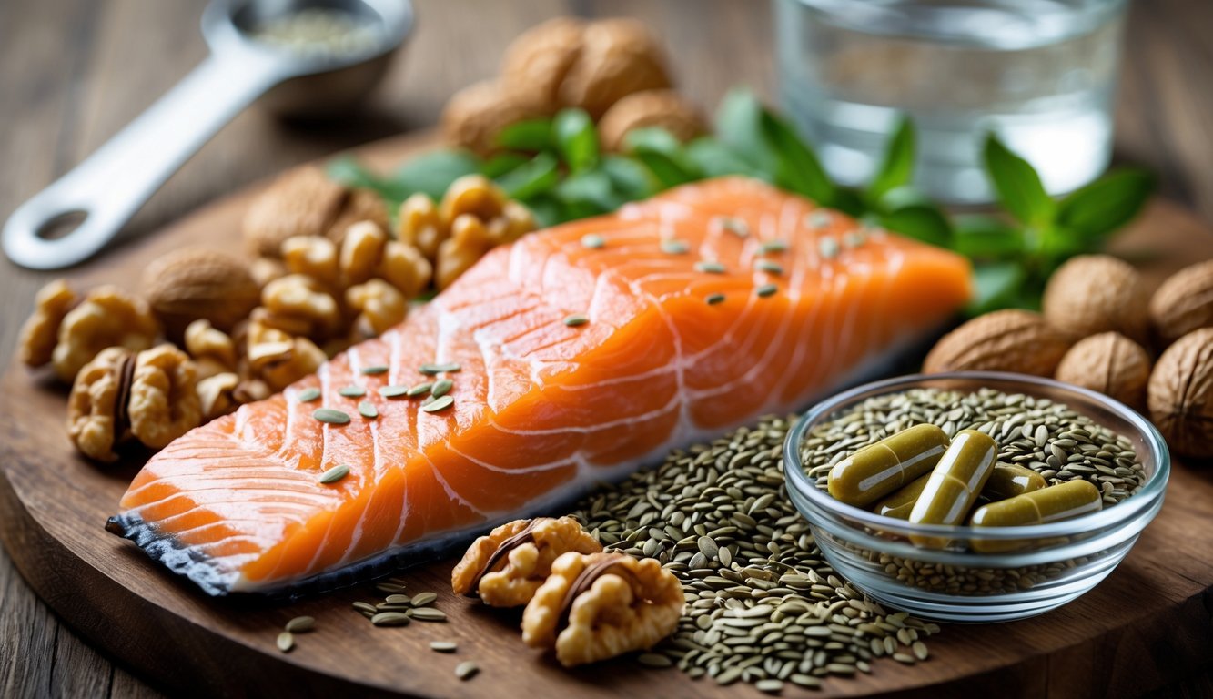 Berbagai makanan kaya omega-3 seperti salmon, kenari, biji rami, dan kapsul minyak ikan di atas meja kayu.