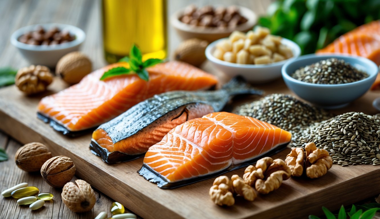 Berbagai makanan kaya omega-3 seperti salmon, kenari, biji rami, biji chia, dan kapsul minyak ikan tersusun rapi di atas meja kayu.