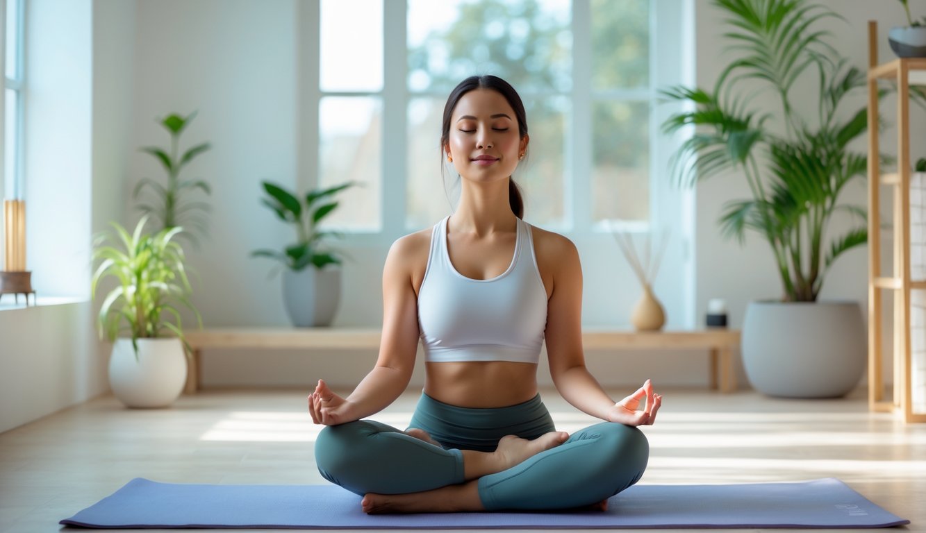 Seorang wanita muda duduk bersila dengan mata tertutup di ruangan yang terang dan tenang, bermeditasi dengan ekspresi damai dan fokus.