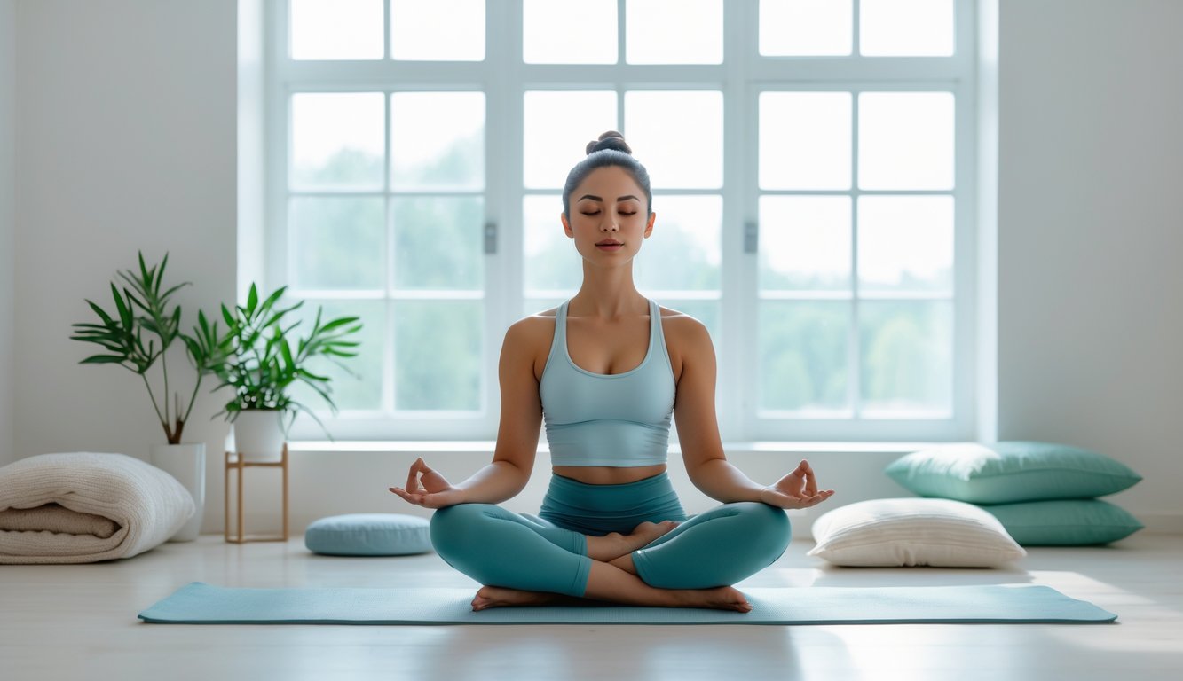 Seseorang duduk bersila dengan mata tertutup di ruangan yang terang dan tenang, sedang bermeditasi.