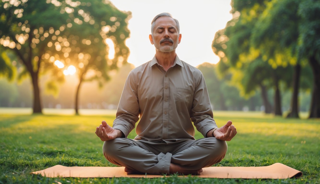 Seorang pria sedang bermeditasi dengan tenang di taman saat matahari terbit.