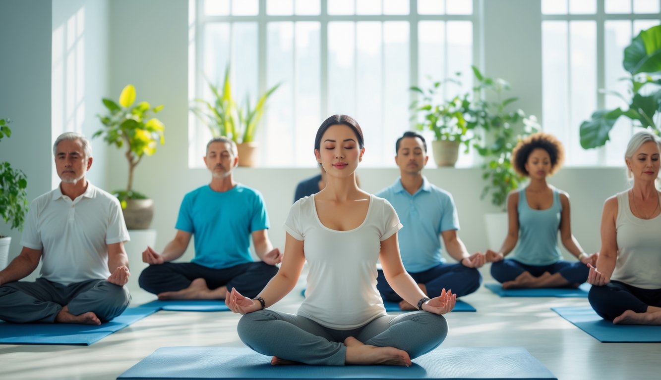 Beberapa orang duduk bermeditasi dengan tenang di ruangan yang terang dan nyaman, dikelilingi tanaman dan cahaya alami.
