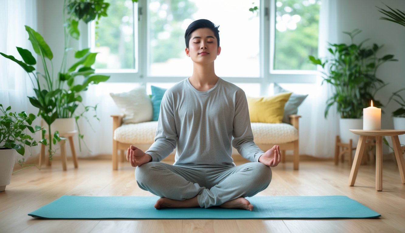 Seorang dewasa muda duduk bersila di ruang tamu yang cerah dan sederhana, bermeditasi dengan mata tertutup dan tangan di atas lutut.