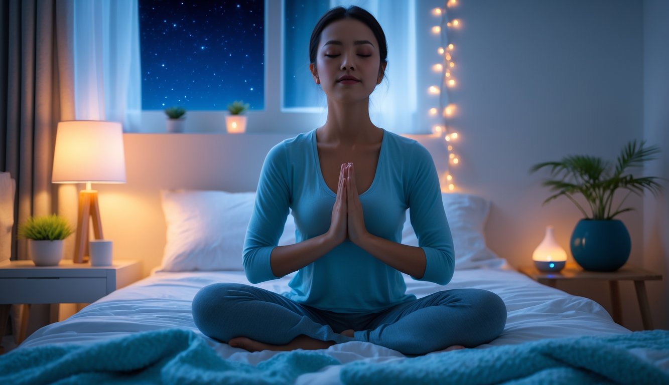 Seseorang duduk bersila di tempat tidur dengan mata tertutup, melakukan meditasi relaksasi di kamar tidur yang tenang dan nyaman pada malam hari.