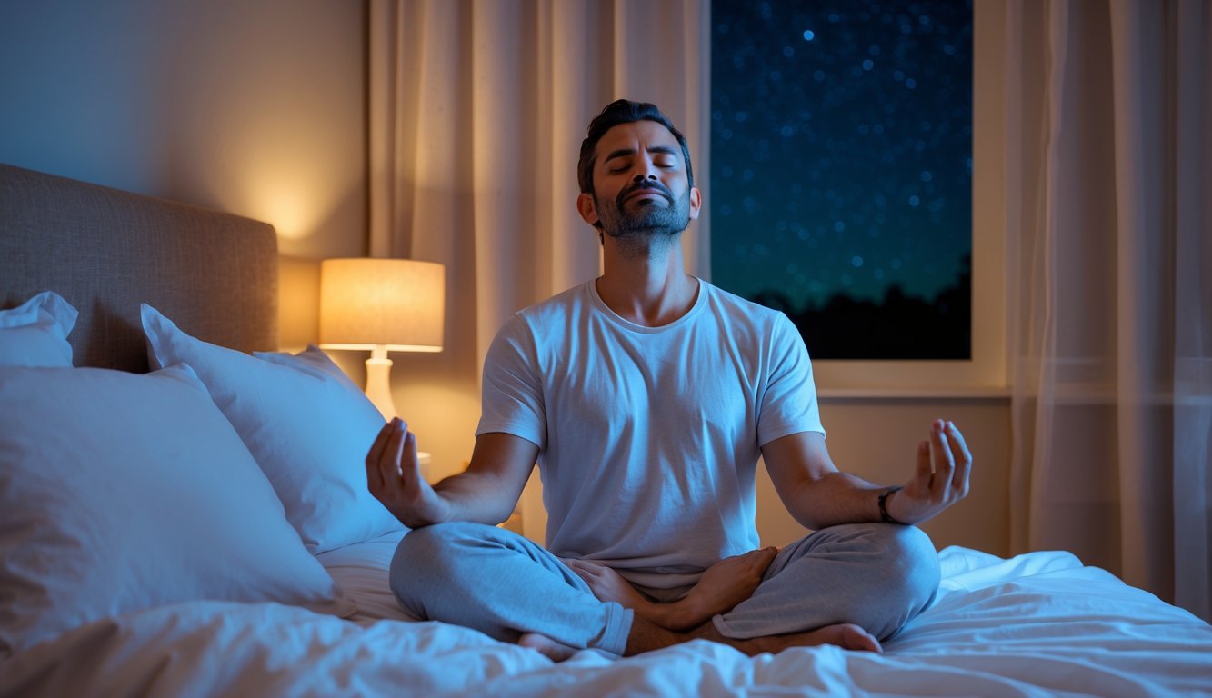 Seorang pria duduk bersila di tempat tidur dengan mata tertutup, bermeditasi dalam suasana kamar yang tenang dan nyaman pada malam hari.