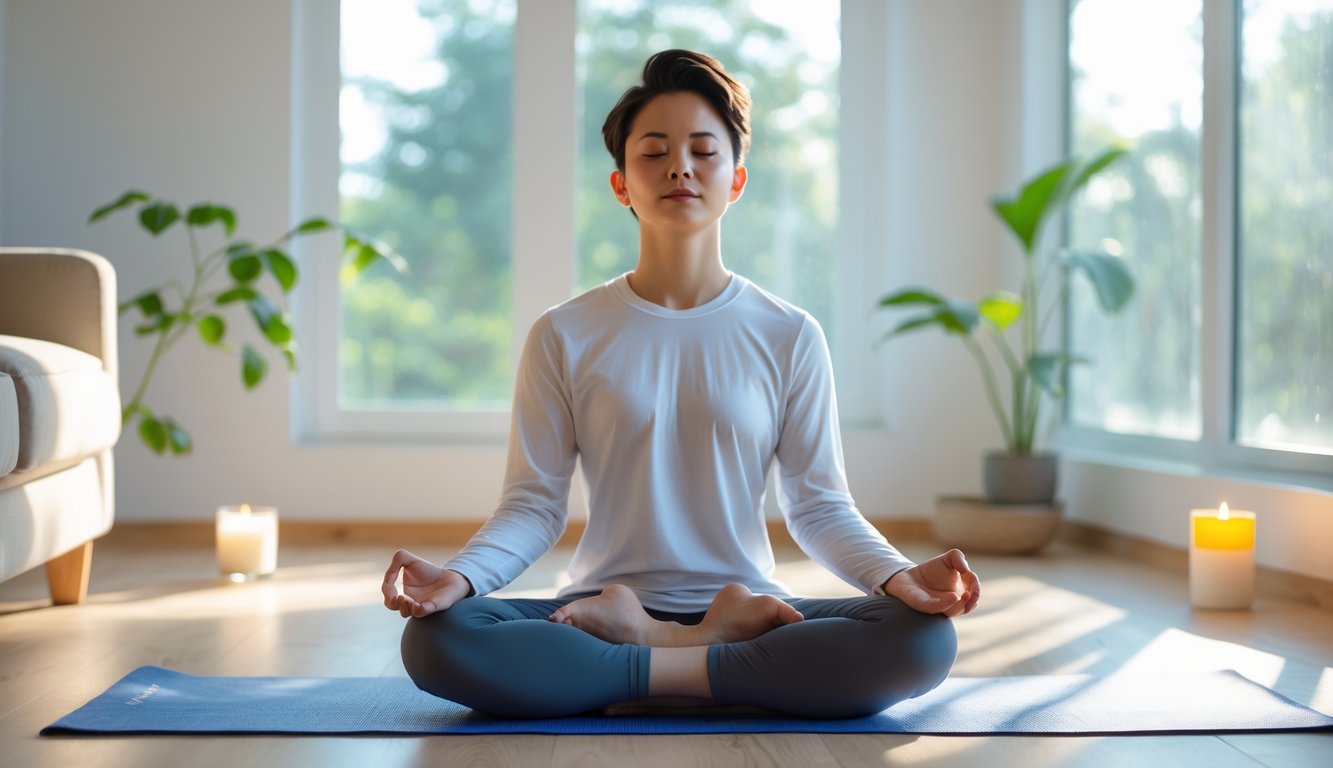 Seseorang duduk bersila di atas matras yoga di ruang tamu yang terang, bermeditasi dengan mata tertutup dan tangan di lutut.