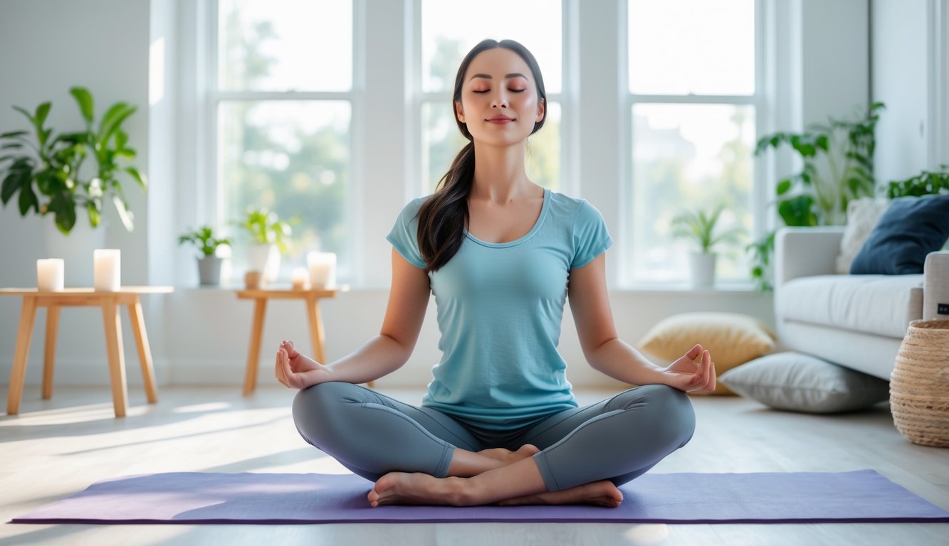Seorang wanita muda duduk di atas matras yoga di ruang tamu yang terang, bermeditasi dengan mata tertutup dan ekspresi tenang.