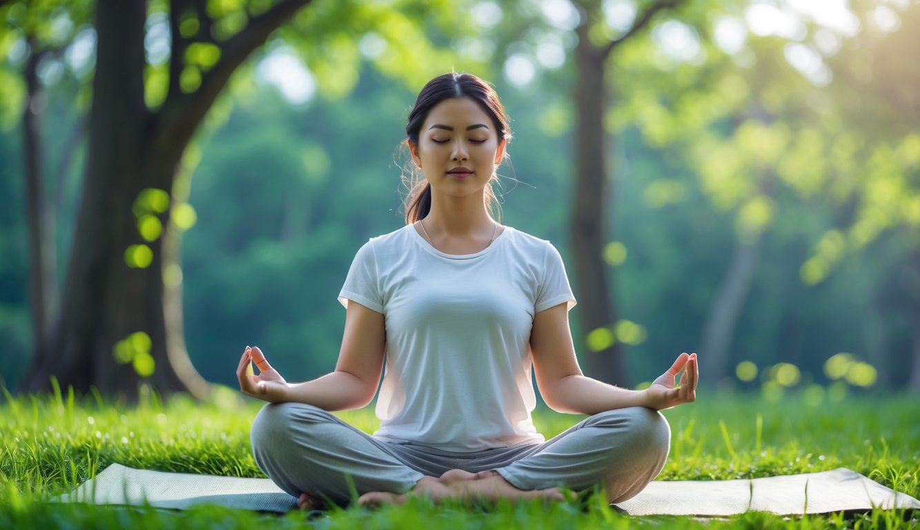 Seseorang sedang bermeditasi dengan tenang di luar ruangan, duduk bersila di atas tikar yoga di tengah pepohonan hijau.