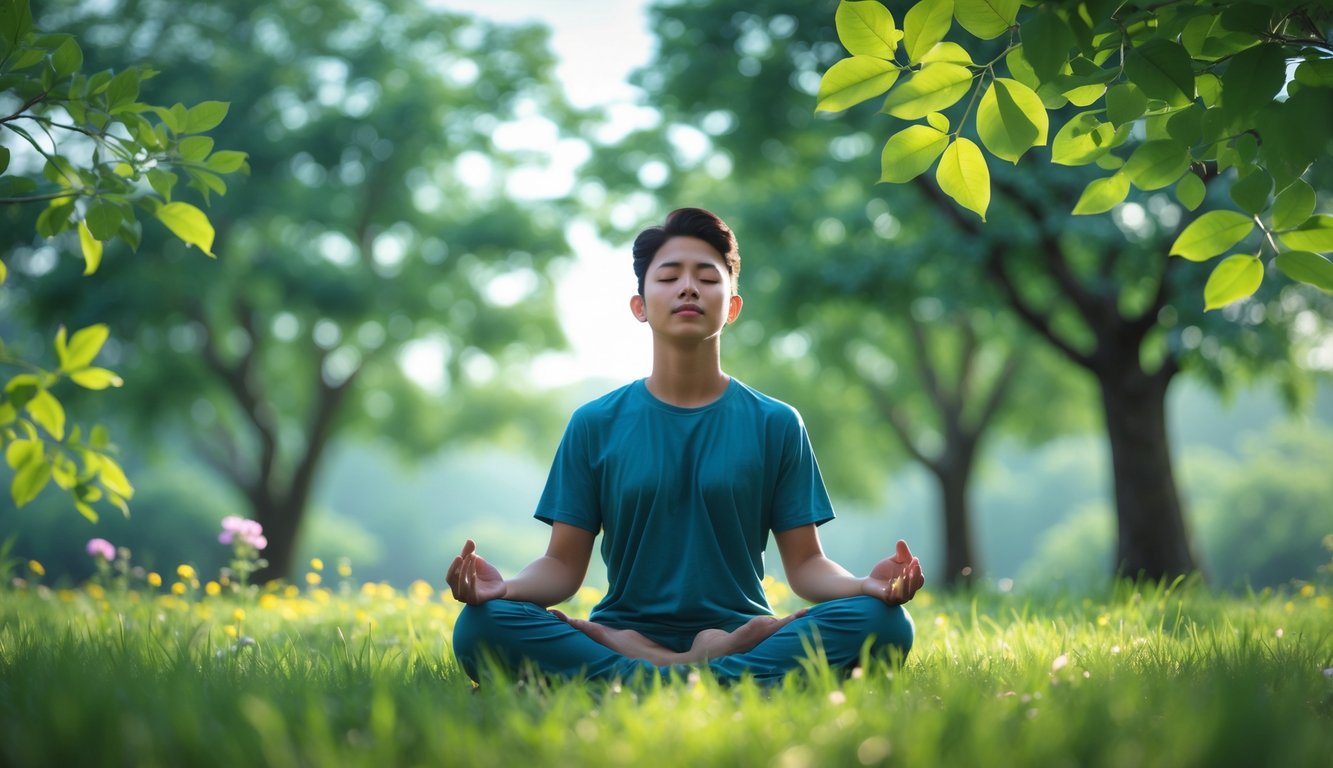 Seseorang bermeditasi dengan tenang di luar ruangan di tengah alam yang hijau dan cerah.