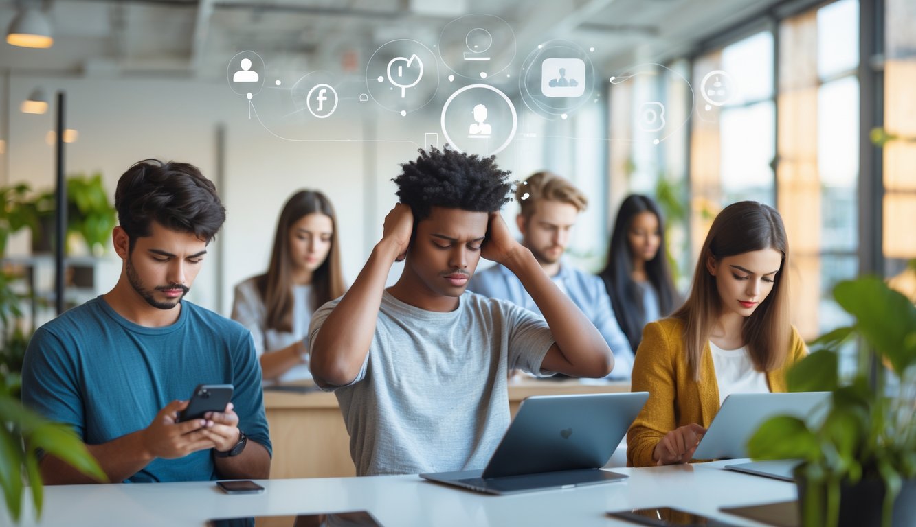 Sekelompok orang muda di ruang kerja modern menggunakan perangkat digital dengan beberapa terlihat stres dan yang lain melakukan teknik relaksasi.