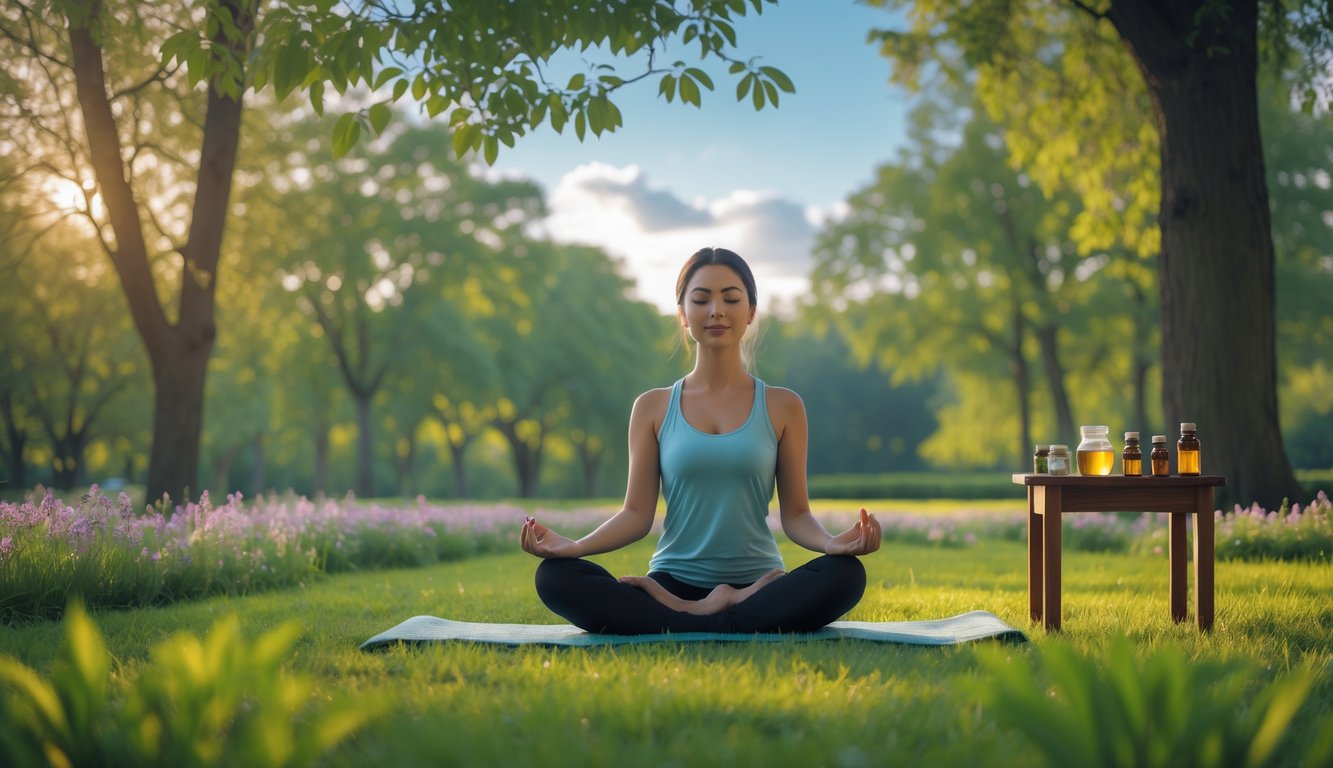 Seorang wanita duduk bersila di taman yang hijau, bermeditasi dengan senyum tenang di wajahnya, dikelilingi oleh bunga dan pohon, dengan meja kecil berisi teh herbal dan minyak esensial di sampingnya.