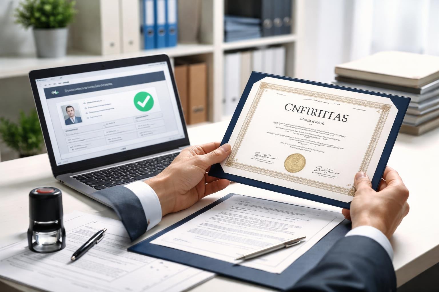 یک فرد در دفتر مدرن در حال بررسی و صدور مدرک تحصیلی با تجهیزات اداری و مدارک رسمی