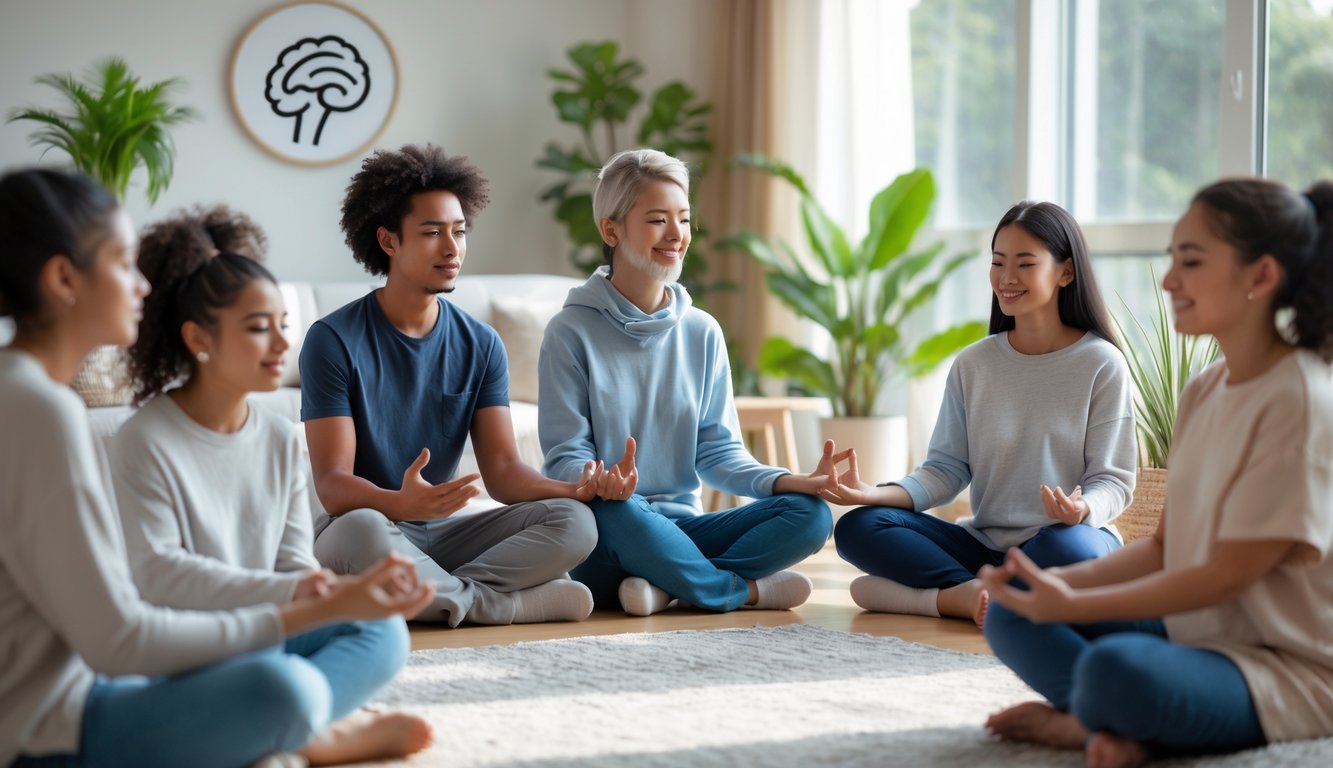 Sekelompok remaja dan dewasa sedang berdiskusi dan bermeditasi bersama di ruangan terang yang nyaman.