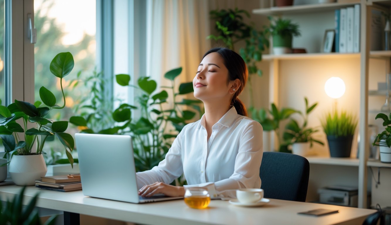 Seseorang duduk di meja kerja di rumah dengan laptop, sedang beristirahat sambil menarik napas dalam, di ruangan yang terang dengan tanaman hijau dan dekorasi sederhana.