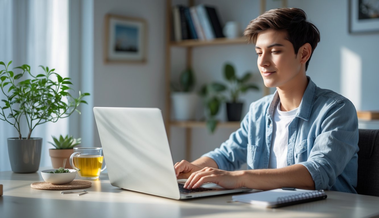 Seorang dewasa muda duduk santai di meja kerja rumah dengan laptop, tanaman kecil, dan secangkir teh, menunjukkan suasana kerja dari rumah yang tenang dan nyaman.