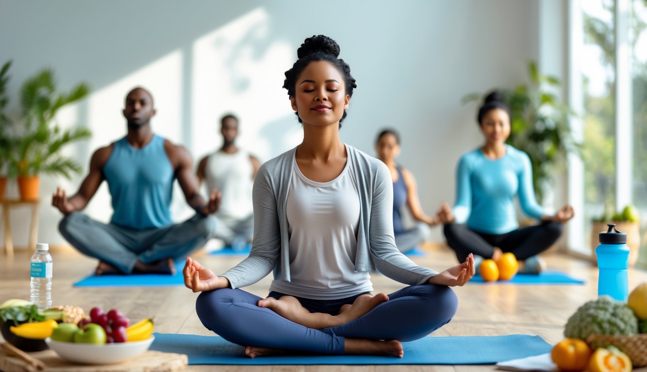 Beberapa orang melakukan aktivitas yang menunjukkan hubungan antara kesehatan mental dan fisik, seperti meditasi dan olahraga, di ruang terang dan nyaman.