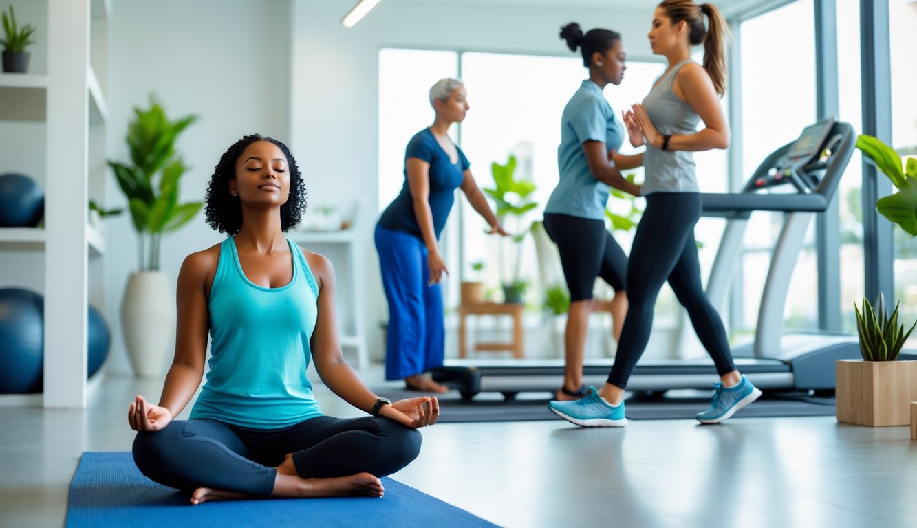 Beberapa orang melakukan aktivitas yang menunjukkan hubungan antara kesehatan mental dan fisik di pusat kebugaran yang terang dan modern.