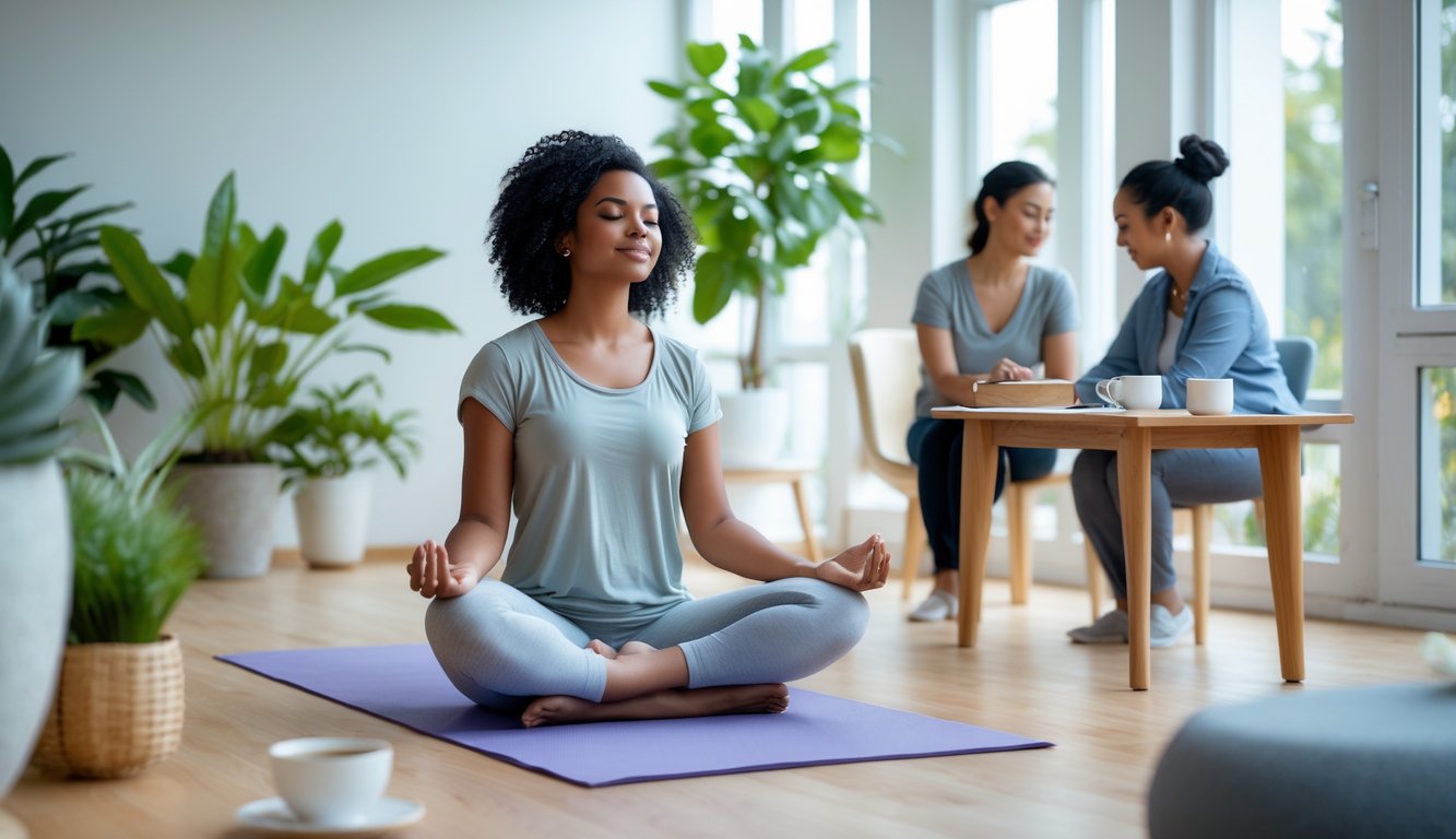 Beberapa orang di ruangan terang melakukan aktivitas yang menenangkan seperti meditasi, menulis jurnal, dan sesi konseling untuk menjaga kesehatan mental.