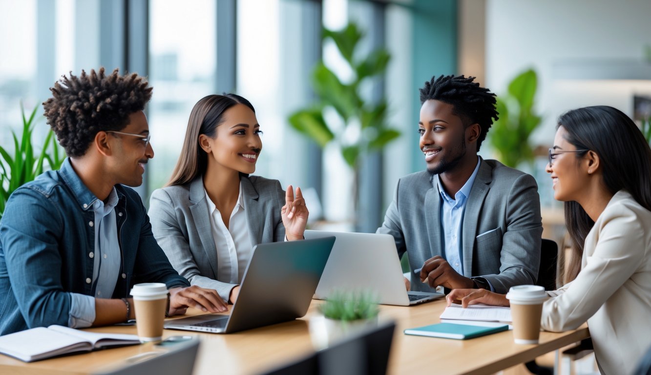 Sekelompok karyawan muda sedang berdiskusi dengan antusias di ruang kantor modern.