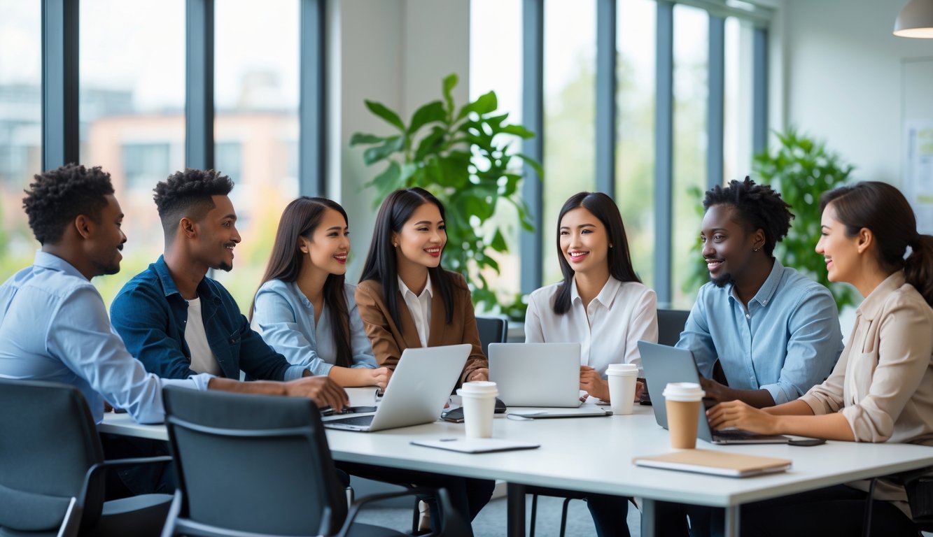 Sekelompok karyawan muda sedang berdiskusi dan berkomunikasi di ruang kantor yang terang dan modern.