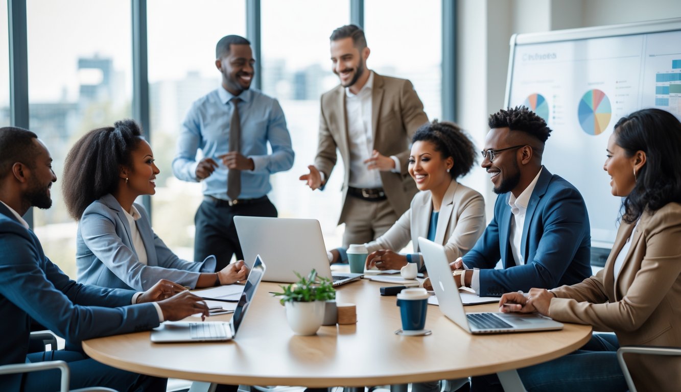 Sekelompok pekerja kantor yang beragam sedang berdiskusi dan berkomunikasi secara efektif di ruang rapat modern.