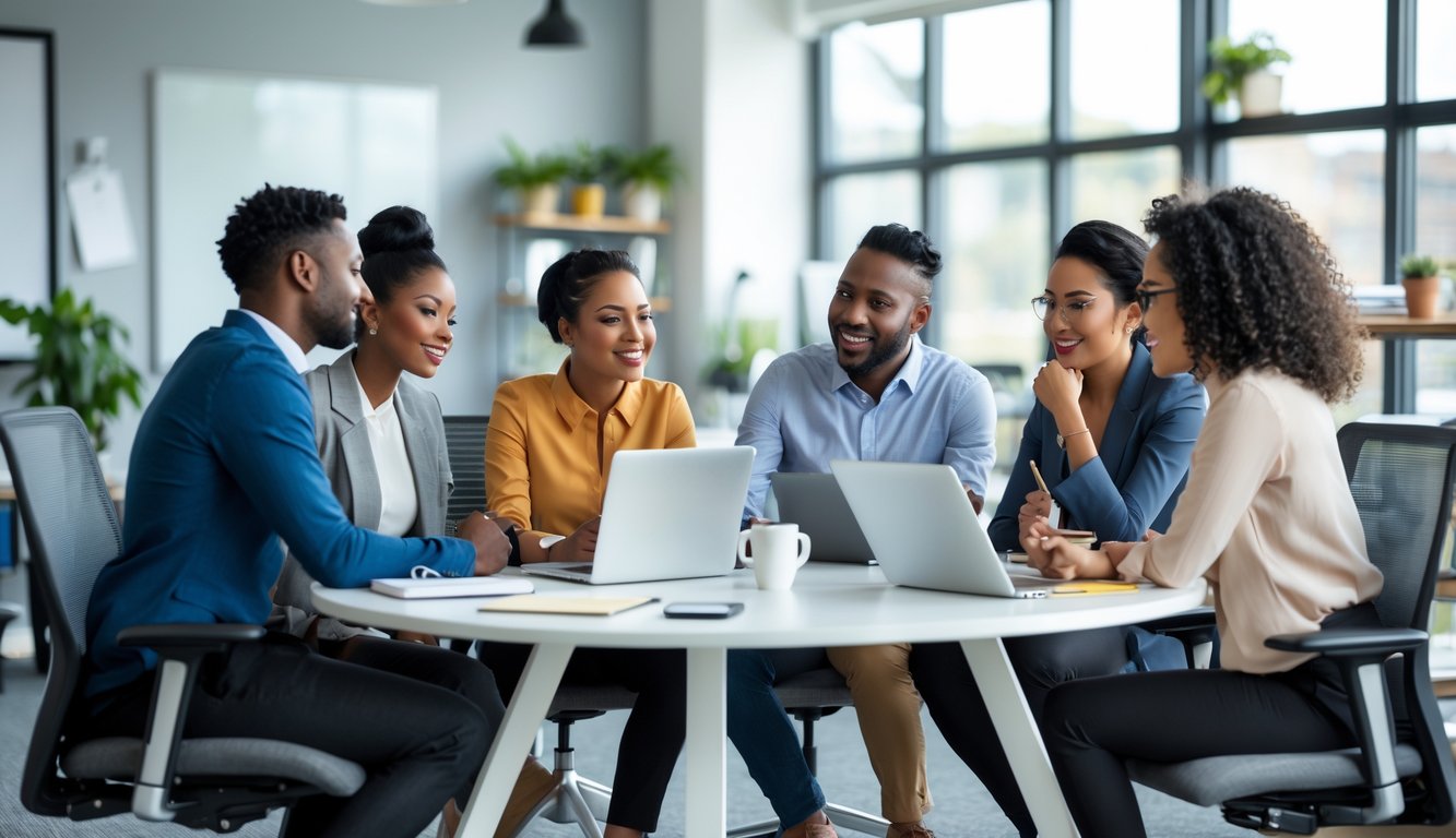 Sekelompok rekan kerja yang beragam sedang berdiskusi secara aktif di ruang kantor modern dengan suasana kolaborasi dan komunikasi yang baik.