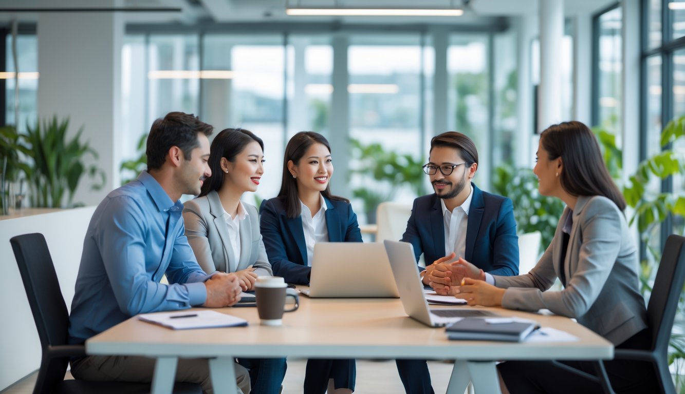 Empat rekan kerja duduk bersama di meja konferensi kantor, berbicara dengan tenang dan ramah dalam suasana kerja yang terang dan nyaman.