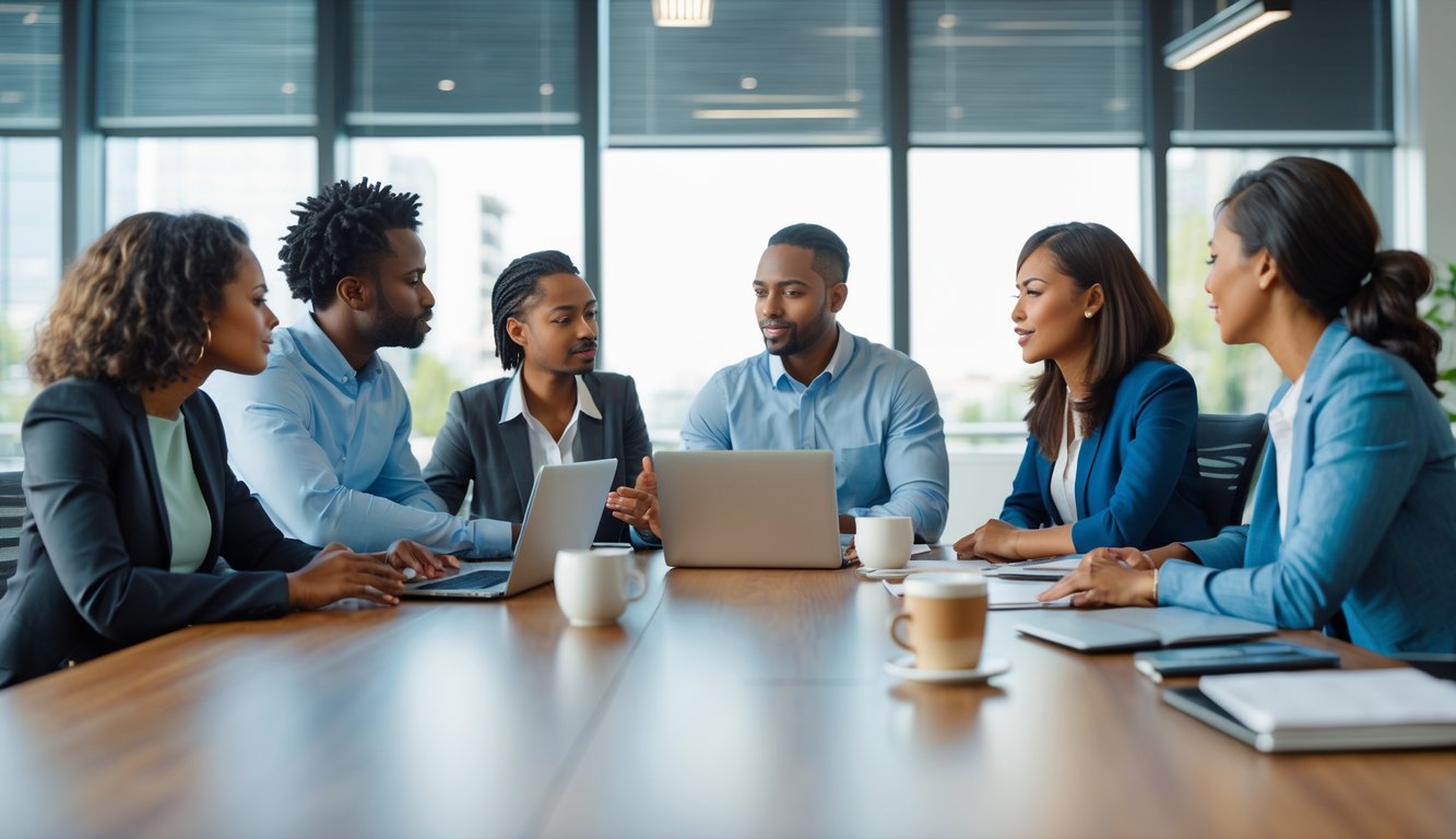 Sekelompok pekerja kantor sedang berdiskusi serius di meja konferensi untuk menyelesaikan masalah dengan komunikasi yang jelas.