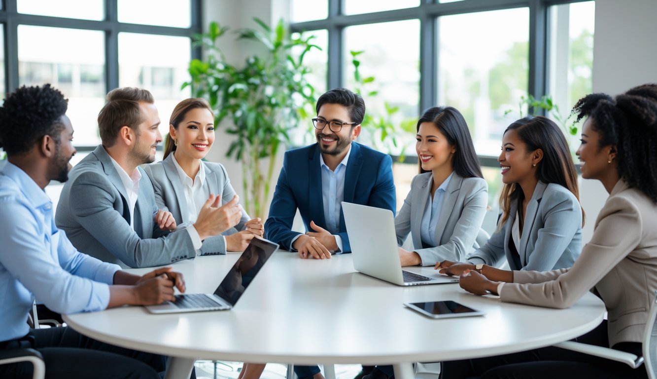 Sekelompok rekan kerja sedang berdiskusi aktif di ruang kantor modern dengan meja konferensi, saling mendengarkan dan berbagi ide.
