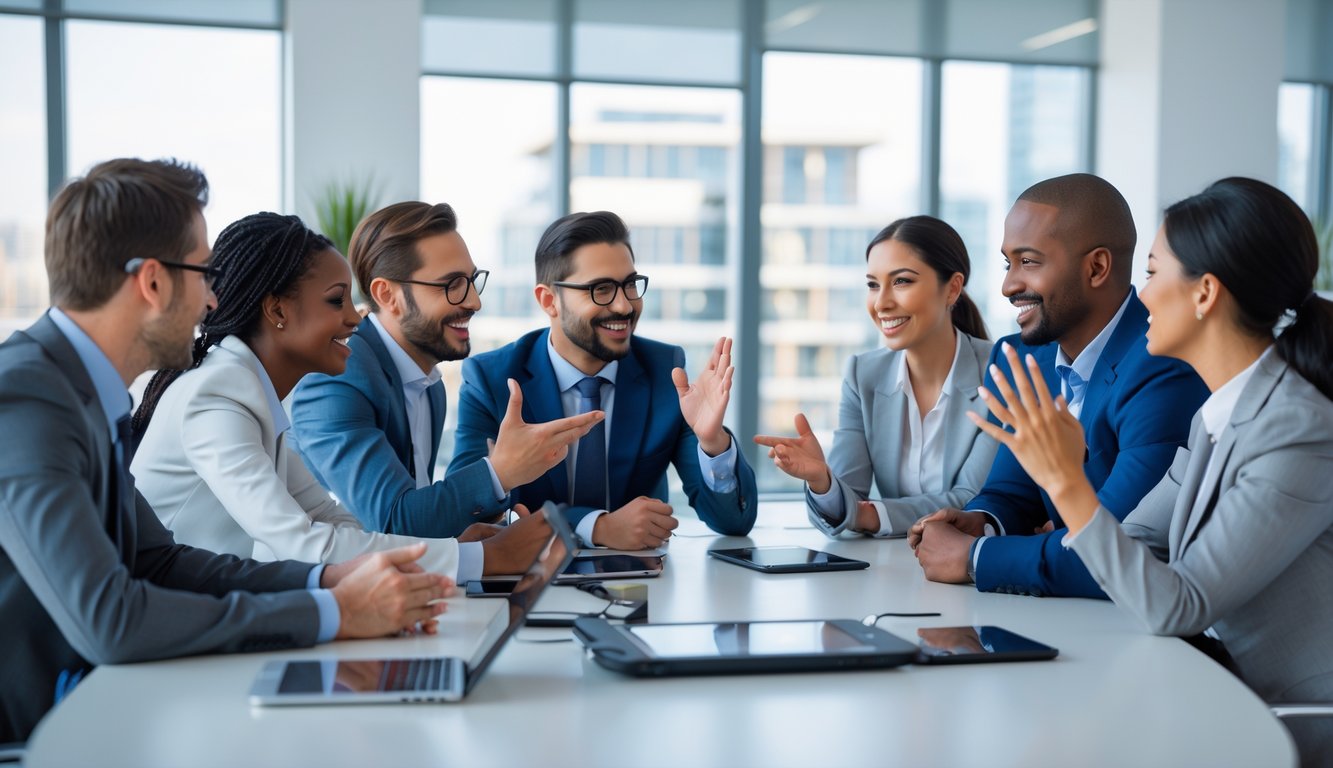 Sekelompok profesional bisnis sedang berdiskusi dengan antusias di ruang rapat kantor yang terang dan modern.