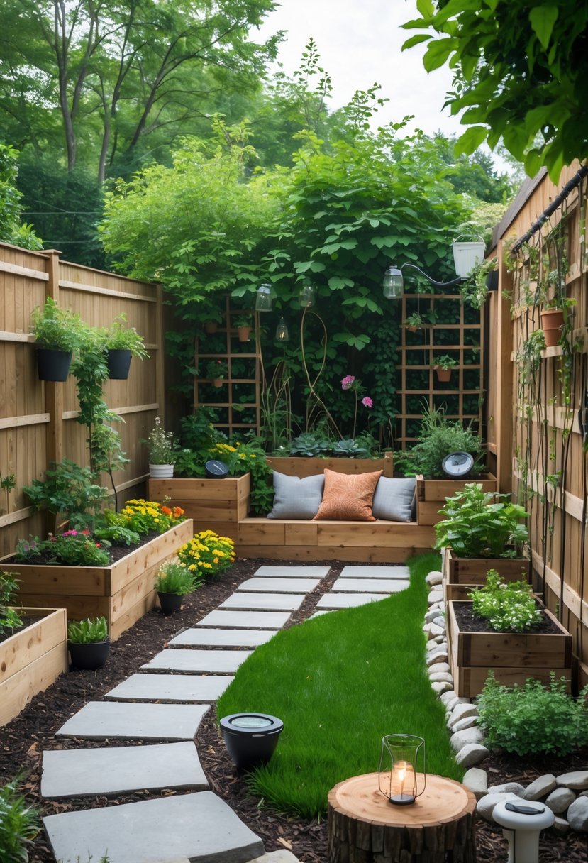 A small backyard with green grass, stone paths, raised wooden planter boxes with flowers and herbs, a wooden bench with cushions, climbing vines on a trellis, and solar garden lights.