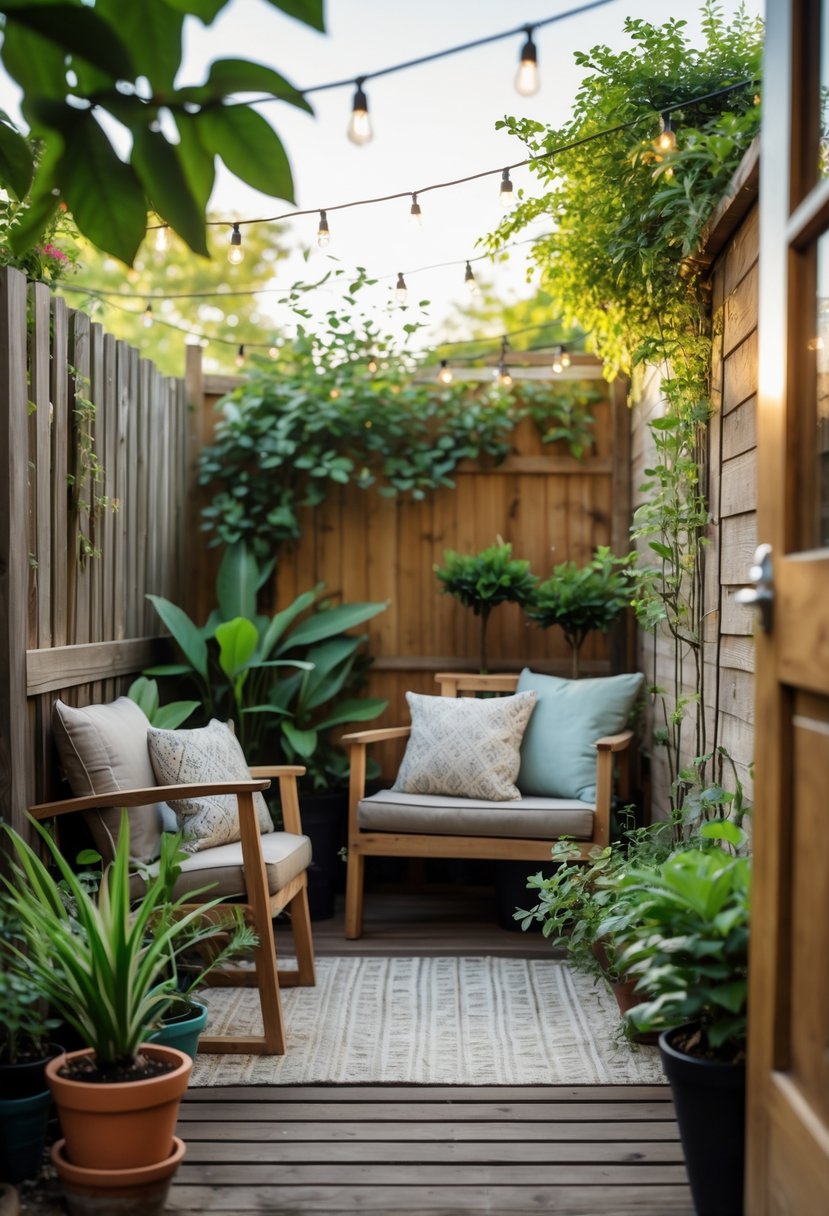 A small backyard with a cozy sitting area featuring cushioned chairs, potted plants, and a wooden fence with climbing vines.