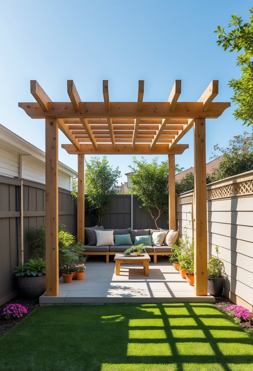 A small backyard with a simple wooden pergola shading a seating area surrounded by grass and plants.