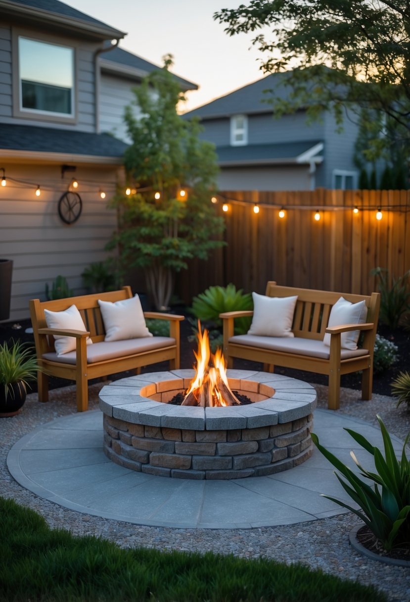 Small backyard with a stone fire pit surrounded by wooden benches and green plants.