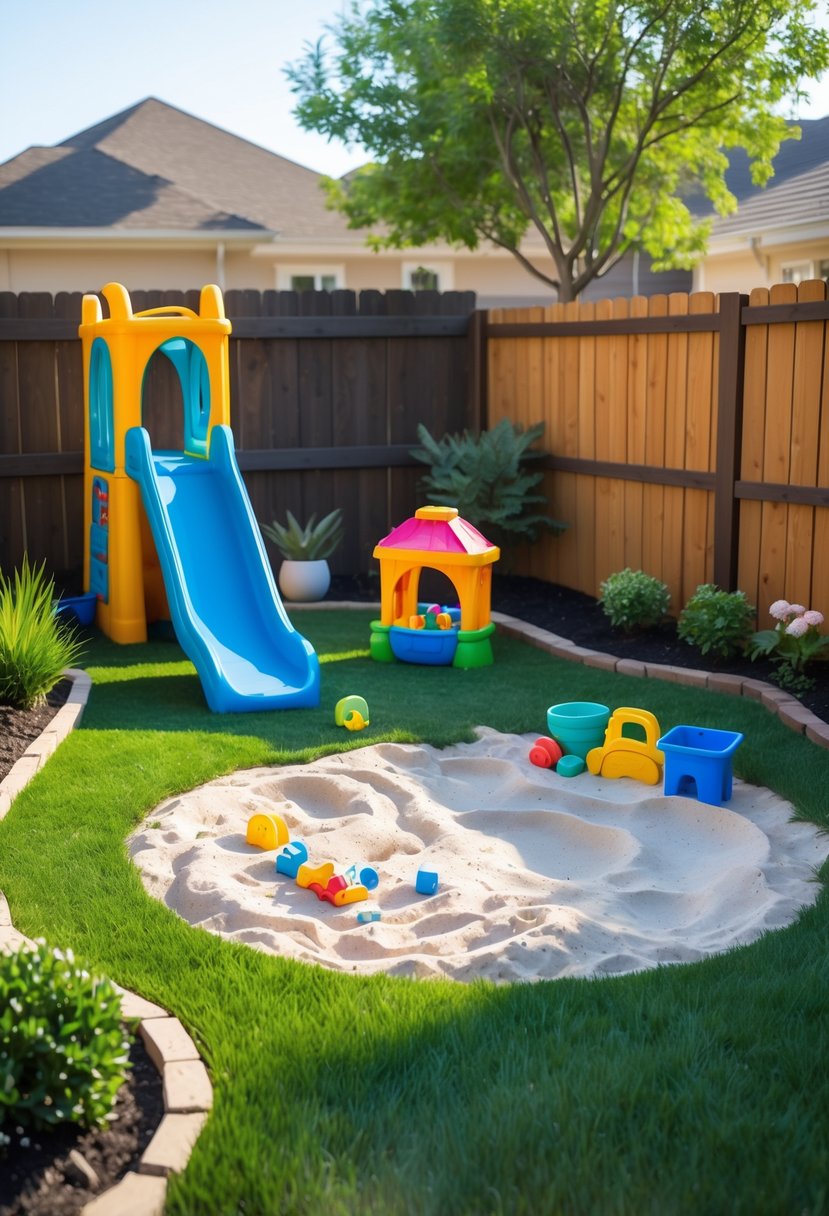 Small backyard with a mini kids play zone including a slide, sandbox, and toys surrounded by plants and a wooden fence.