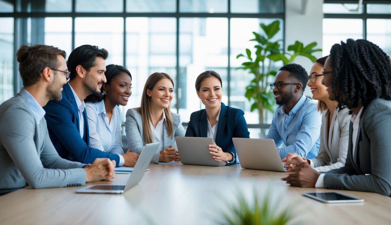 Sekelompok rekan kerja berdiskusi bersama di ruang kantor modern dengan suasana positif dan penuh kepercayaan.
