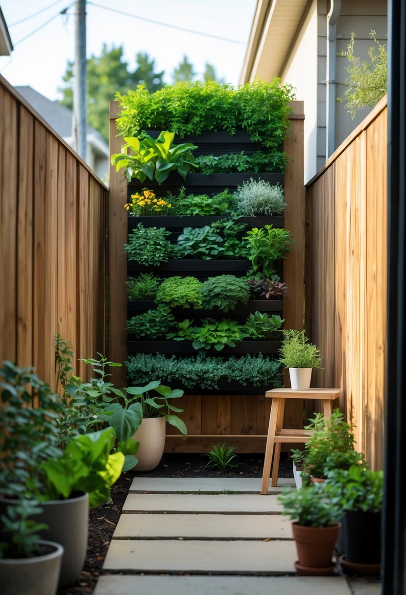 Small backyard with a vertical garden on a wooden fence, potted plants, and a small bench in a cozy outdoor space.