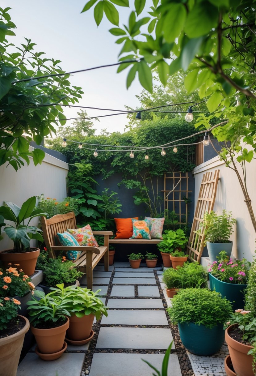 A small terrace garden with potted plants, a wooden bench with cushions, flowering plants, and string lights creating a cozy outdoor space.