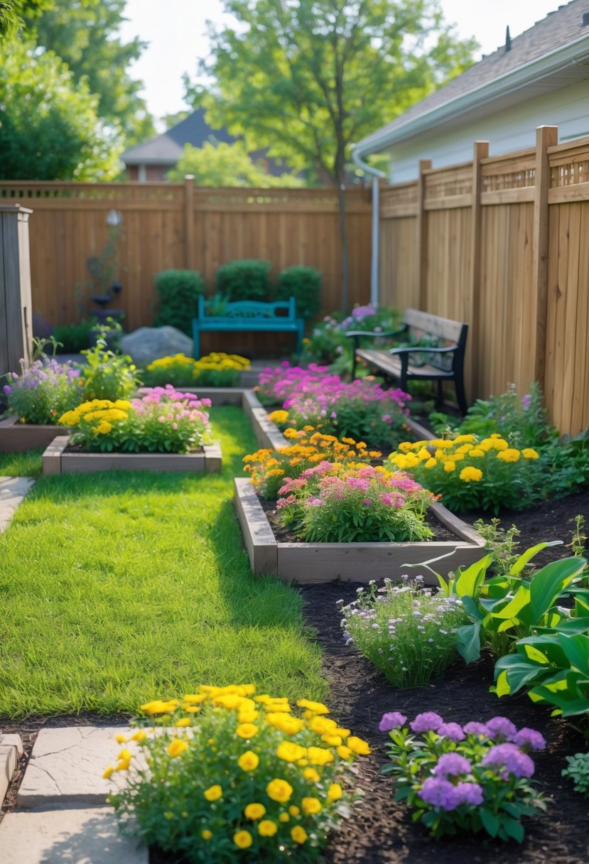 Small backyard with colorful flower beds, green lawn, wooden fence, stone pathway, and a garden bench.