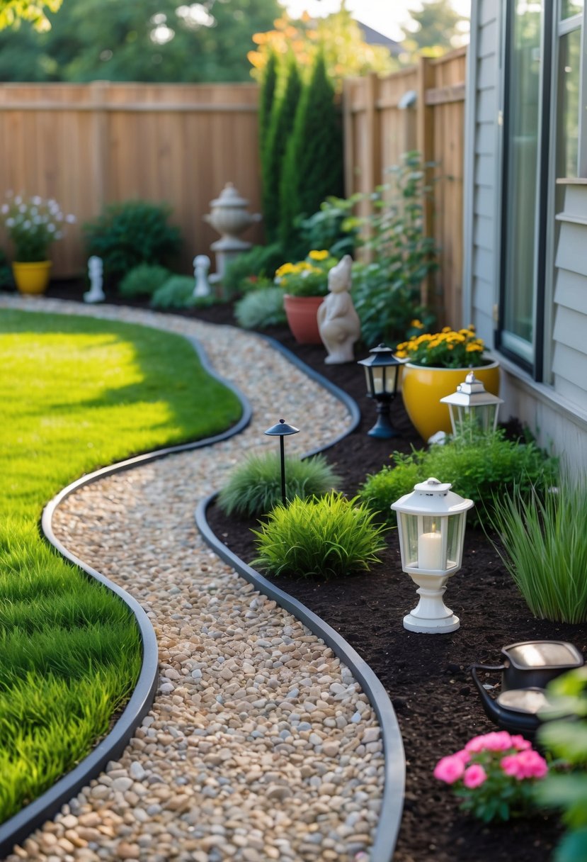 Small backyard with gravel paths, green lawn, flower pots, and garden decorations.